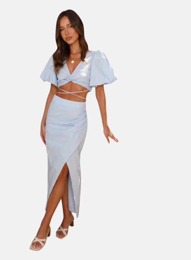 YUNIQEE Blue Pure Cotton Puff Sleeves Crop Top With Skirt  - Image 1
