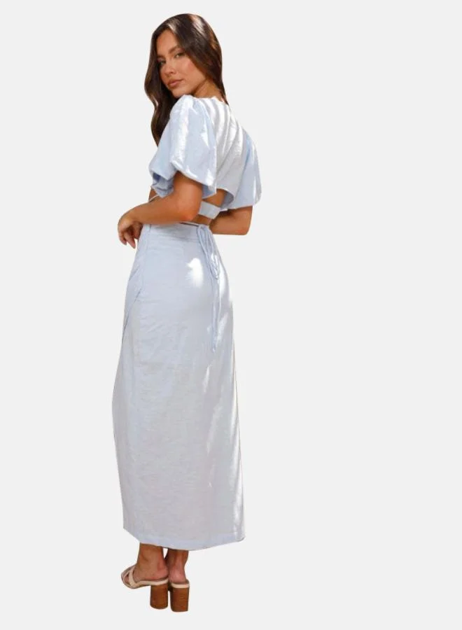يونيكي Blue Pure Cotton Puff Sleeves Crop Top With Skirt