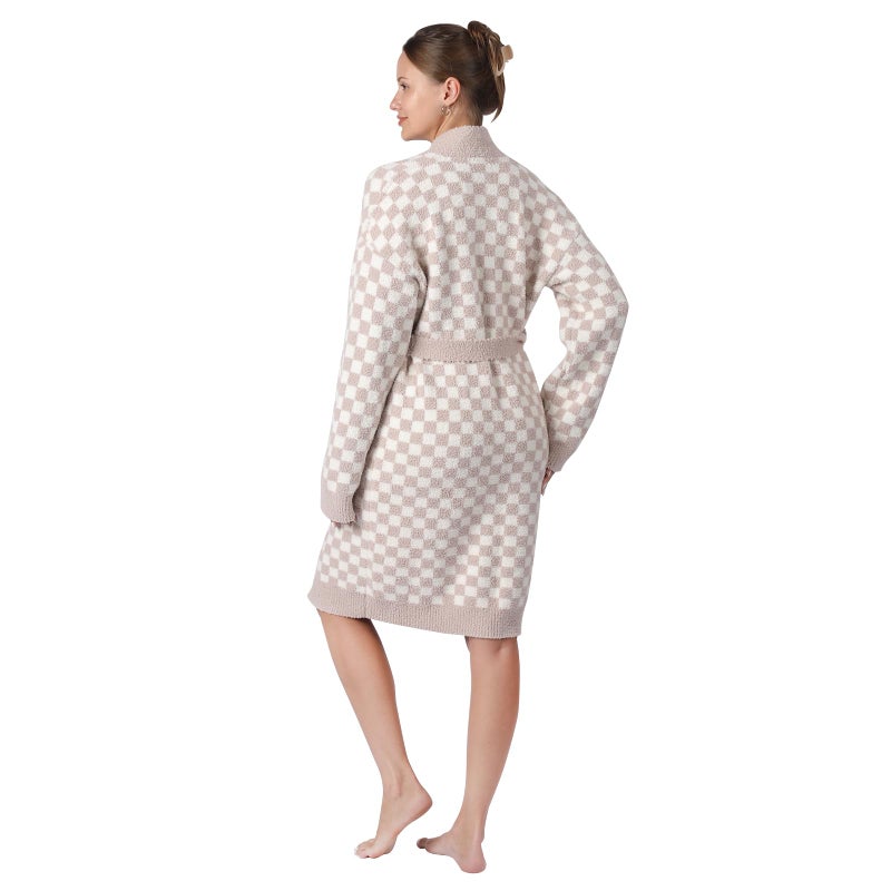 bearberry Checkerboard Robe Cozy Lightweight Soft Plush Robe Hoodless Sleepwear Nightgown with Pockets for Women (Stone/Cream) - Image 3