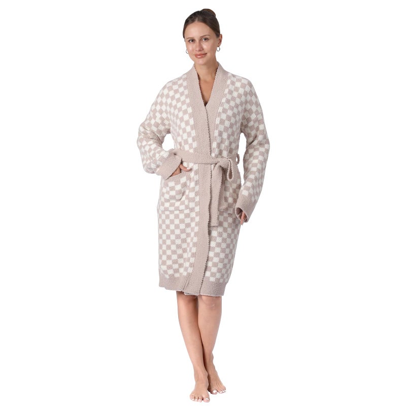 bearberry Checkerboard Robe Cozy Lightweight Soft Plush Robe Hoodless Sleepwear Nightgown with Pockets for Women (Stone/Cream) - Image 1