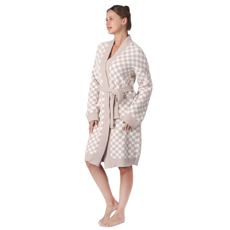 bearberry Checkerboard Robe Cozy Lightweight Soft Plush Robe Hoodless Sleepwear Nightgown with Pockets for Women (Stone/Cream) - Image 2