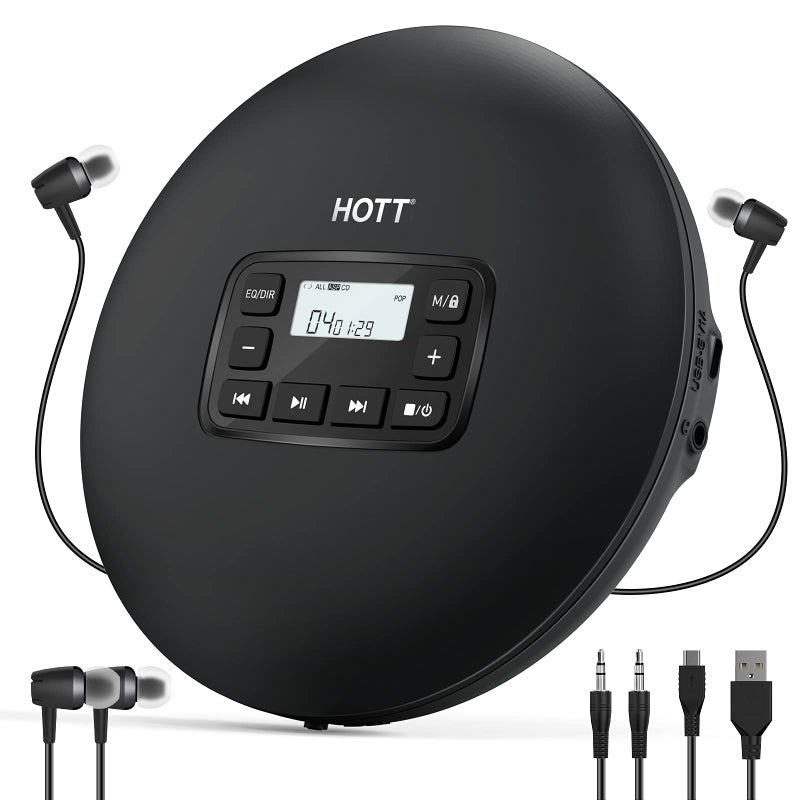 HOTT CD204 Portable CD Player, Personal Compact CD Player with Headphones, Anti-Skip/Shockproof for Home Travel and Car, Small Music CD Walkman with LCD Display for Adults Students Kids-Black - Image 1