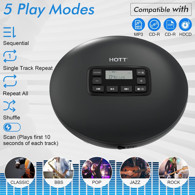 HOTT CD204 Portable CD Player, Personal Compact CD Player with Headphones, Anti-Skip/Shockproof for Home Travel and Car, Small Music CD Walkman with LCD Display for Adults Students Kids-Black - Image 5
