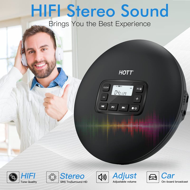 HOTT CD204 Portable CD Player, Personal Compact CD Player with Headphones, Anti-Skip/Shockproof for Home Travel and Car, Small Music CD Walkman with LCD Display for Adults Students Kids-Black - Image 3