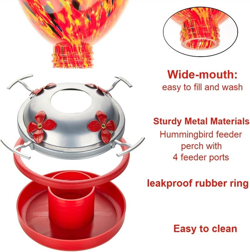 REZIPO Hummingbird Feeder with Perch - Hand Blown Glass - Orange - 38 Fluid Ounces Hummingbird Nectar Capacity Include Hanging Wires and Moat Hook - Image 4