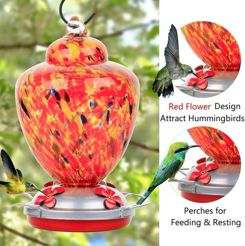 REZIPO Hummingbird Feeder with Perch - Hand Blown Glass - Orange - 38 Fluid Ounces Hummingbird Nectar Capacity Include Hanging Wires and Moat Hook - Image 3