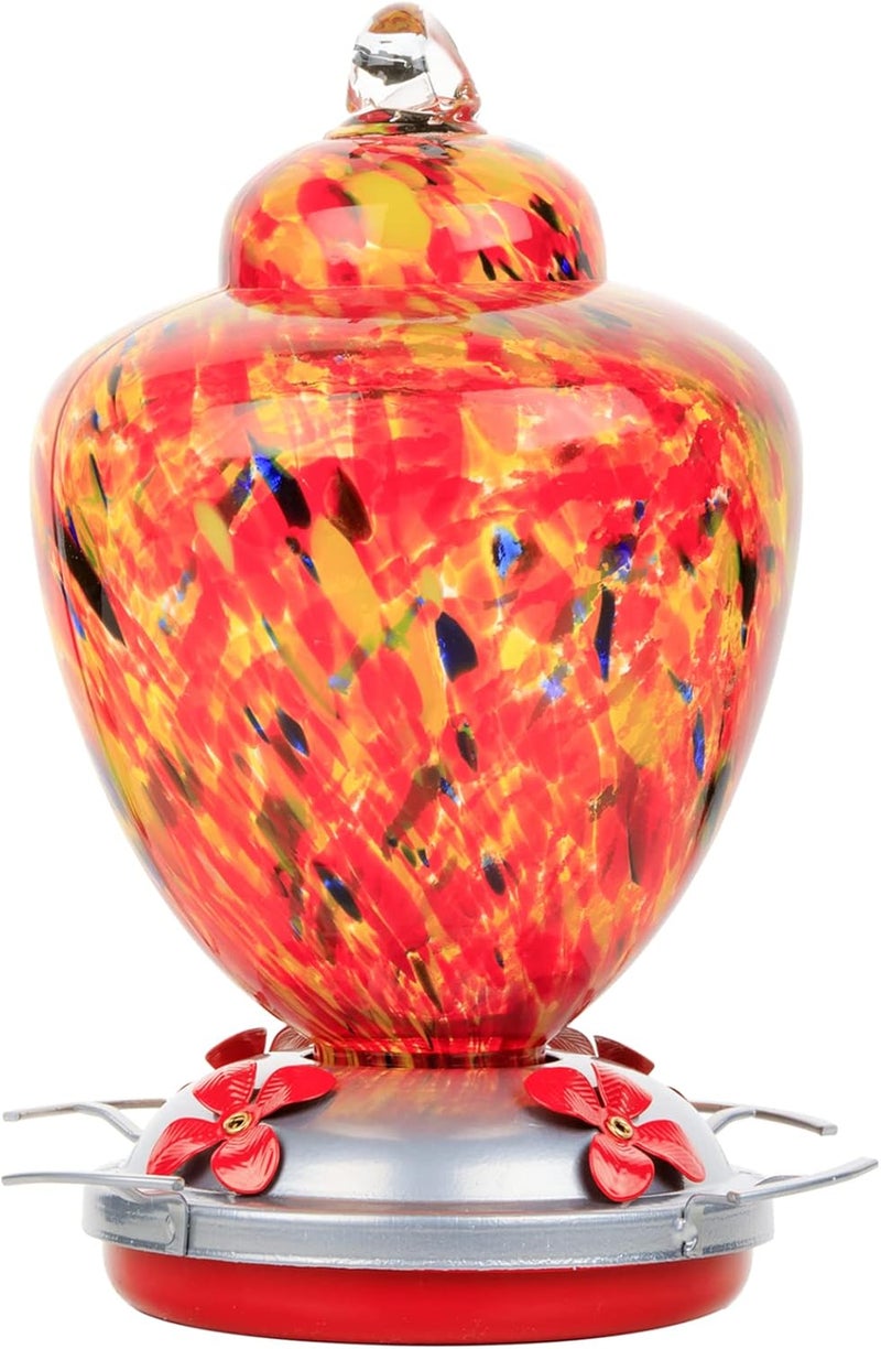 REZIPO Hummingbird Feeder with Perch - Hand Blown Glass - Orange - 38 Fluid Ounces Hummingbird Nectar Capacity Include Hanging Wires and Moat Hook - Image 1