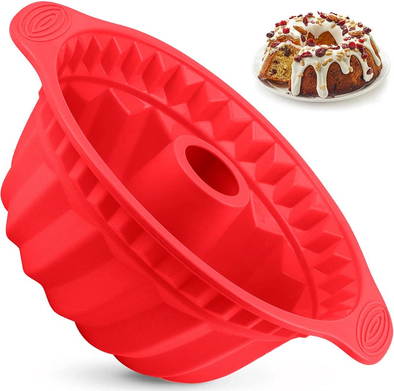 Kenond 2 PCS 95 Inch Silicone Cake Pans Nonstick Fluted Cake Pan with Sturdy Handle Cake Baking Molds Perfect Bakeware for Cake Jello Gelatin Bread Para Gelatinas Red
