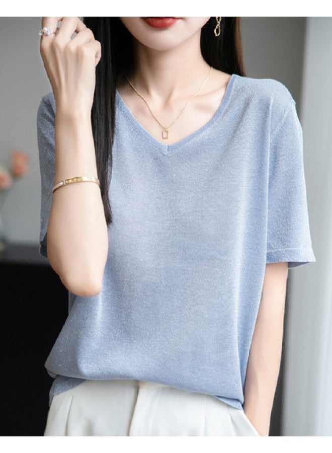 XINYANG V-neck Short Sleeve T-shirt Women 2025 Summer Lazy Style Loose Casual Versatile Regular Shoulder Top - Image 1
