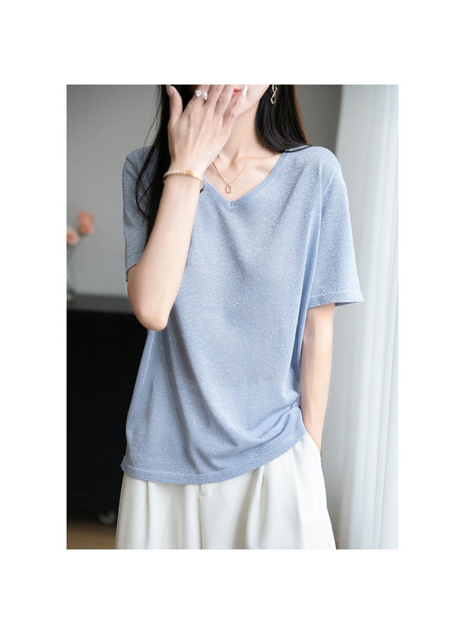XINYANG V-neck Short Sleeve T-shirt Women 2025 Summer Lazy Style Loose Casual Versatile Regular Shoulder Top - Image 4