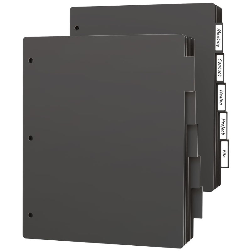 HABGP 3 Ring Binder Dividers with 5-Tabs, 2 Pack 5 Binder Dividers, Letter Size Write & Erase Plastic Index Binder Black, 1/5 Cut, Sheet Protectors, 3 Hole Punch, Total 10 Dividers - Image 1