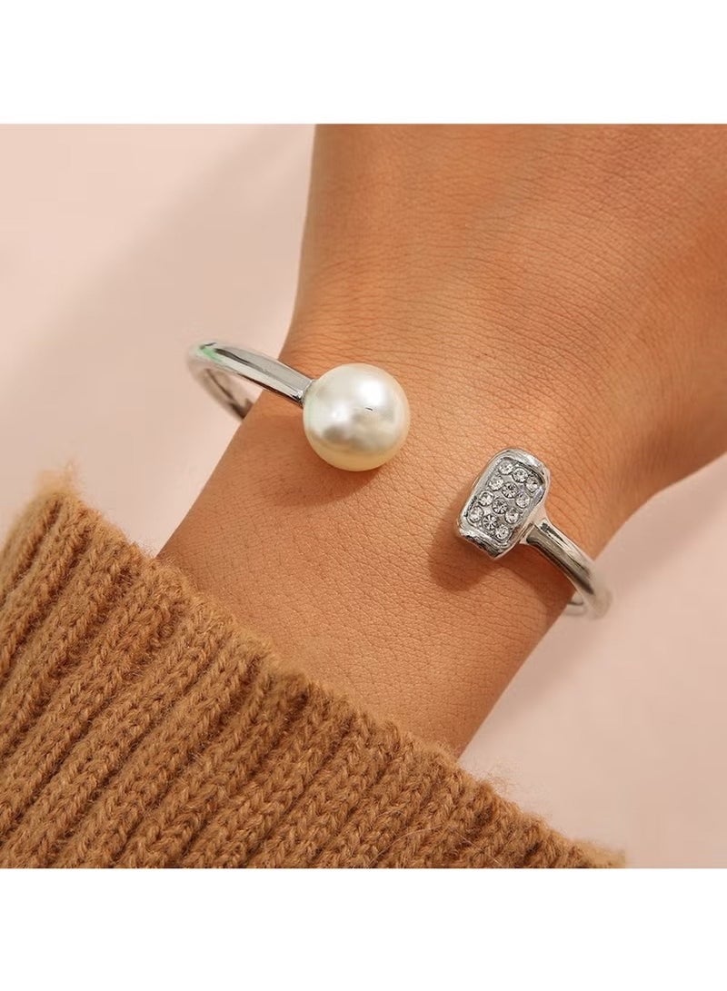 Huitich Silver Color Open Cuff Bracelet with Pearl & Rhinestone Detail - Image 4