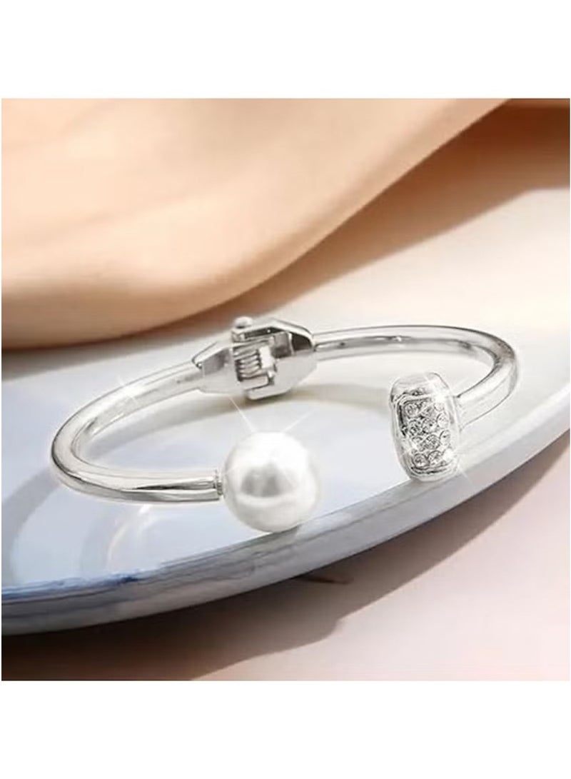 Huitich Silver Color Open Cuff Bracelet with Pearl & Rhinestone Detail - Image 2