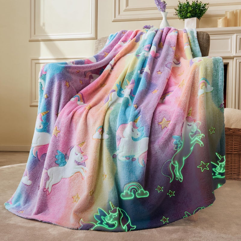 Joiedomi Glow in The Dark Blanket - Unicorns Gifts Toys for Girls Age 2 3 4 5 6 7 8 9 10 11 12 Year Old - Soft Cozy Flannel Kids Throw Blanket, Birthday Bedroom Decor 50"Ã—60" - Image 1