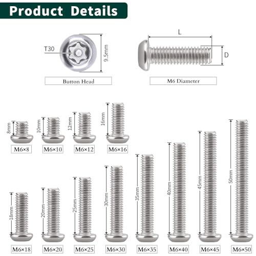 EASTLO M6-1.0 x 40mm Button Head Security Torx Machine Screws 30 PCS, 304 Stainless Steel 18-8, Tamper Resistant, Full Thread, Bright Finish, Includes Torx Driver Bit - Image 4