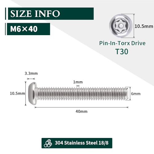 EASTLO M6-1.0 x 40mm Button Head Security Torx Machine Screws 30 PCS, 304 Stainless Steel 18-8, Tamper Resistant, Full Thread, Bright Finish, Includes Torx Driver Bit - Image 3