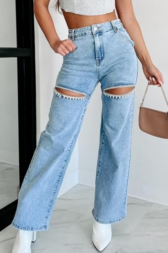 Kedera جينز دنيم نسائي عالي الخصر مزين بالأحجار الكريمة واللؤلؤة بأرجل واسعة A-أزرق - Image 5