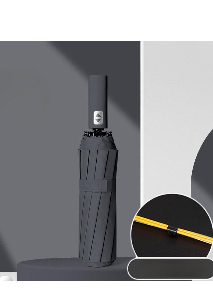 Fully automatic 12-rib double-keel umbrella for sunny and rainy weather, large reinforced and thickened portable curved umbrella with UV protection, rainproof and windproof sunshade (black) - Image 1