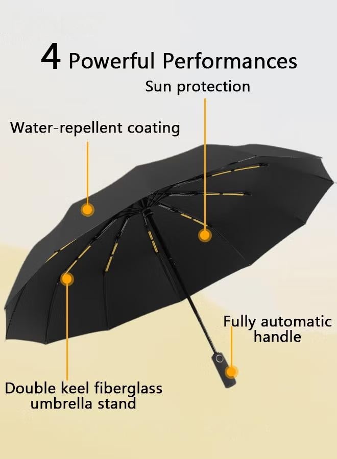 Fully automatic 12-rib double-keel umbrella for sunny and rainy weather, large reinforced and thickened portable curved umbrella with UV protection, rainproof and windproof sunshade (black) - Image 4