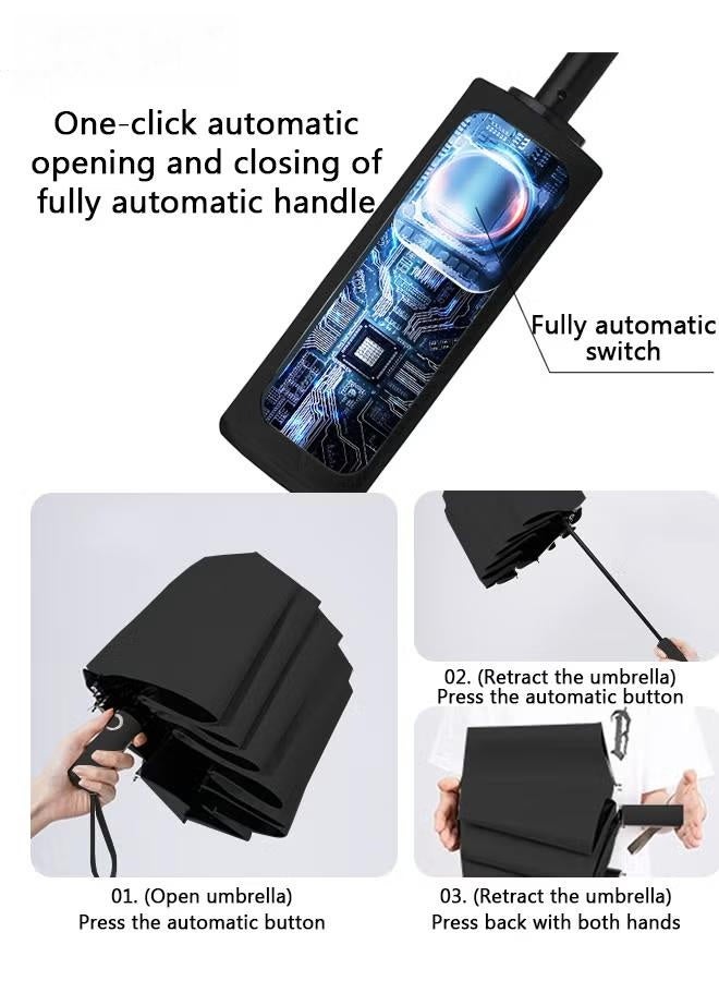 Fully automatic 12-rib double-keel umbrella for sunny and rainy weather, large reinforced and thickened portable curved umbrella with UV protection, rainproof and windproof sunshade (black) - Image 5