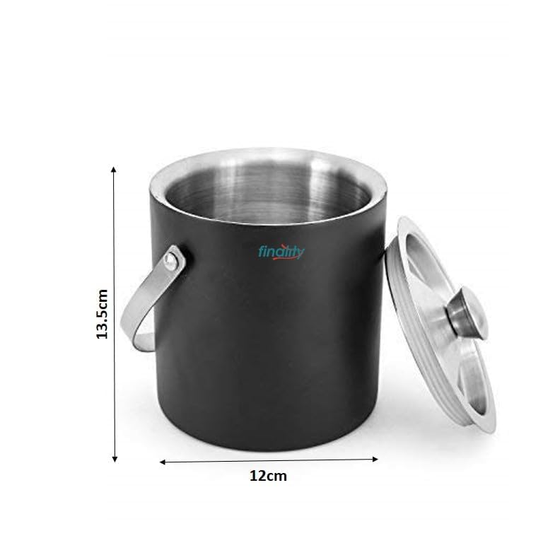 finality Stainless Steel Silver with Black Double Walled Ice Bucket with Lid 1 Liter Keeps Ice Cold for Long hrs Great bar Tools for Home bar Mini bar Wine with Black Tong - Image 2