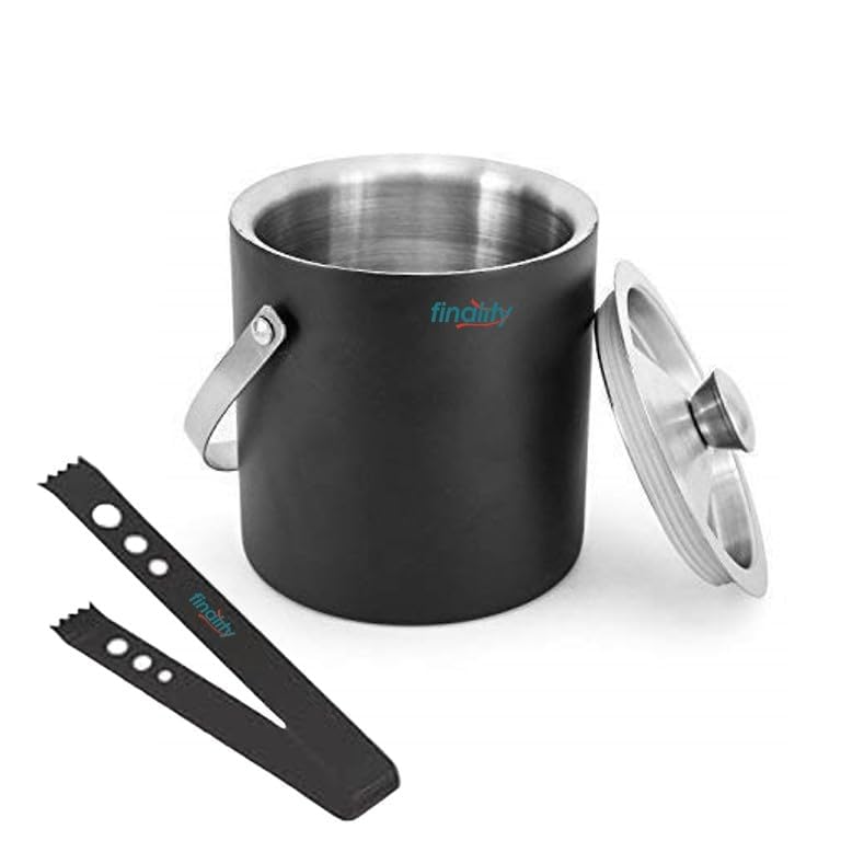 finality Stainless Steel Silver with Black Double Walled Ice Bucket with Lid 1 Liter Keeps Ice Cold for Long hrs Great bar Tools for Home bar Mini bar Wine with Black Tong - Image 1