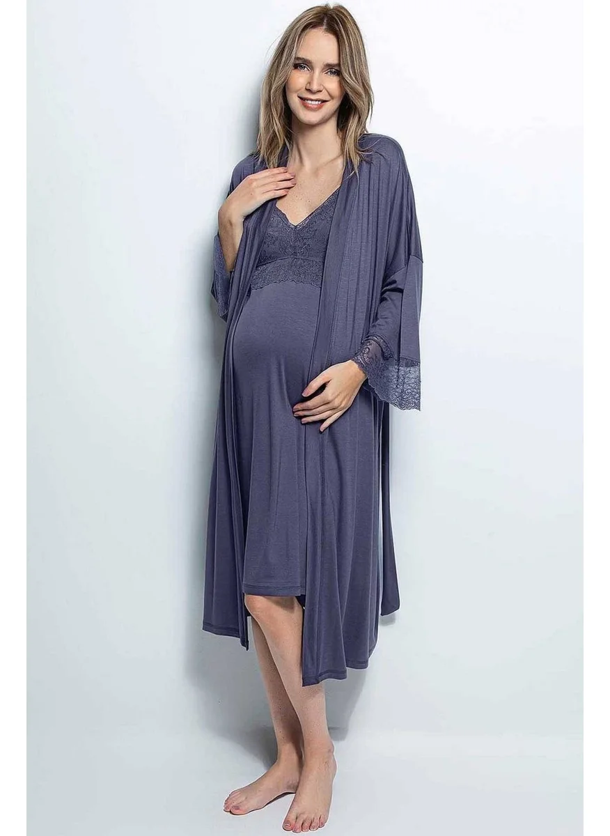 Monamise 18428 Pregnant Postpartum Dressing Nightgown Set - Navy Blue