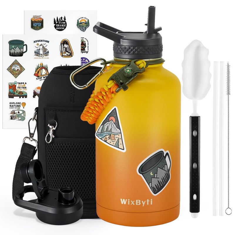 WixByti WixByti 64 oz Insulated Water Bottle with Straw (Cold for 48 Hrs)  Half Gallon Stainless Steel Triple Wall Vacuum Sports Water Jug  Leakproof Hydro Cup Flask with Straw Spout Lids & DIY Stickers  - Image 1