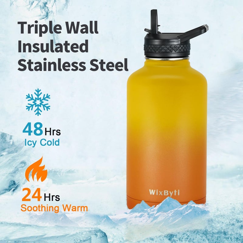 WixByti WixByti 64 oz Insulated Water Bottle with Straw (Cold for 48 Hrs)  Half Gallon Stainless Steel Triple Wall Vacuum Sports Water Jug  Leakproof Hydro Cup Flask with Straw Spout Lids & DIY Stickers  - Image 2