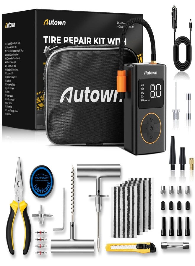 AUTOWN Flat Tire Repair Kit with Air Compressor 54 Pcs for Car, Motorcycle, ATV, Jeep, Truck, Tractor Flat Tire Puncture Repair - Image 1