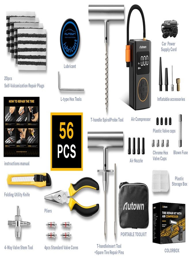 AUTOWN Flat Tire Repair Kit with Air Compressor 54 Pcs for Car, Motorcycle, ATV, Jeep, Truck, Tractor Flat Tire Puncture Repair - Image 2