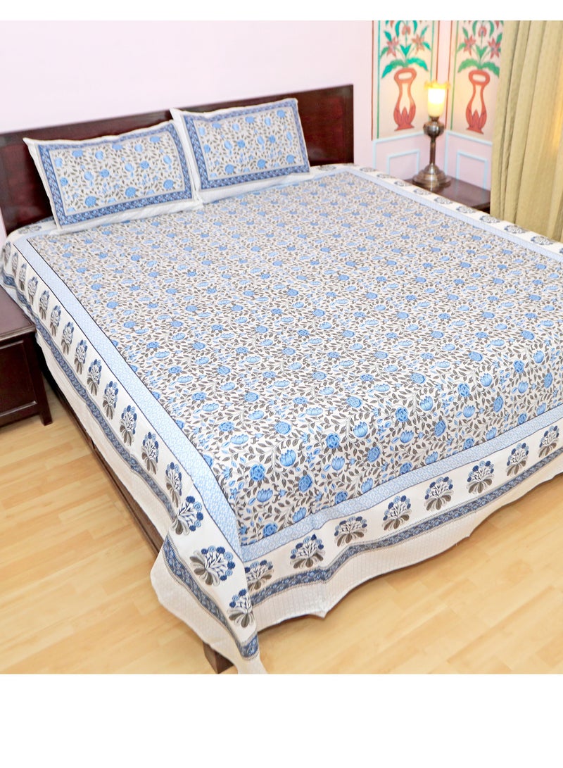سكين PAHI Pure Cotton, Hand Block Bedsheet, King size, FLORAL BEDSHEET,228/278 CMS,HAND BLOCK PRINTED,JAIPURI,100 PERCENT COTTON BLUE GREY - Image 2