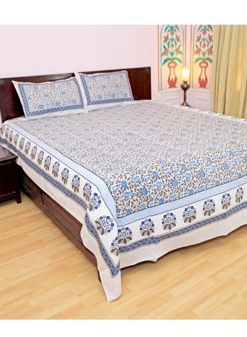 سكين PAHI Pure Cotton, Hand Block Bedsheet, King size, FLORAL BEDSHEET,228/278 CMS,HAND BLOCK PRINTED,JAIPURI,100 PERCENT COTTON BLUE GREY - Image 1