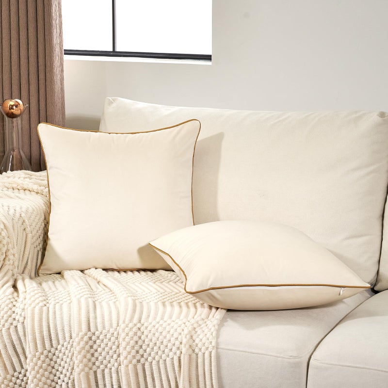Aeckself Pack of 2 Cream White Velvet Pillow Covers 24 x 24 Inch Large Modern Luxury Decorative Pillowcase with Gold Trim Edge Comfortable Soft Solid Cushion Case for Couch Bedroom Living Room