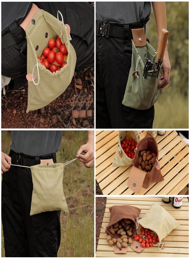 LiveGallery Khaki Foraging Bag, Outdoor Picking Fruit Bags, Waxed Canvas Foraging Pouch, Foldable Leather Belt Pouch With Drawstring Multi-Purpose Picking Bag for Camping, Shells, Treasures, Travel, Hiking, Tools - Image 5