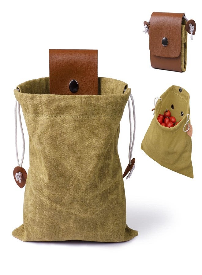 LiveGallery Khaki Foraging Bag, Outdoor Picking Fruit Bags, Waxed Canvas Foraging Pouch, Foldable Leather Belt Pouch With Drawstring Multi-Purpose Picking Bag for Camping, Shells, Treasures, Travel, Hiking, Tools - Image 1
