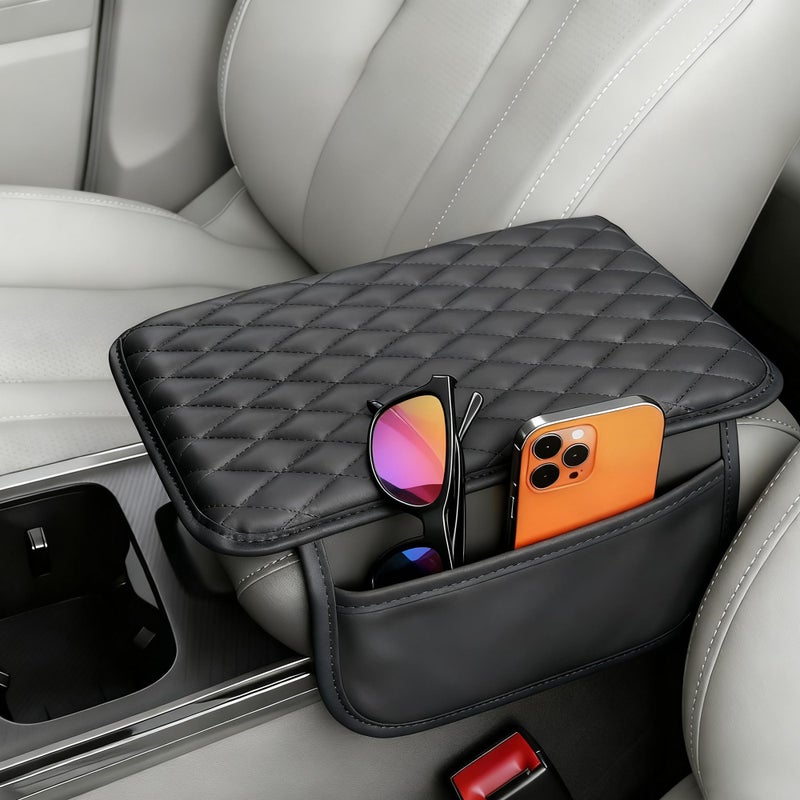Myston Upgraded Car Center Console Cover, Leather Armrest Cushion Pad with 2 Storage Bags, Microfiber Soft Waterproof Seat Box Cover Protector, Cars Interior Decor Accessories Fit for Most Vehicles - Image 1