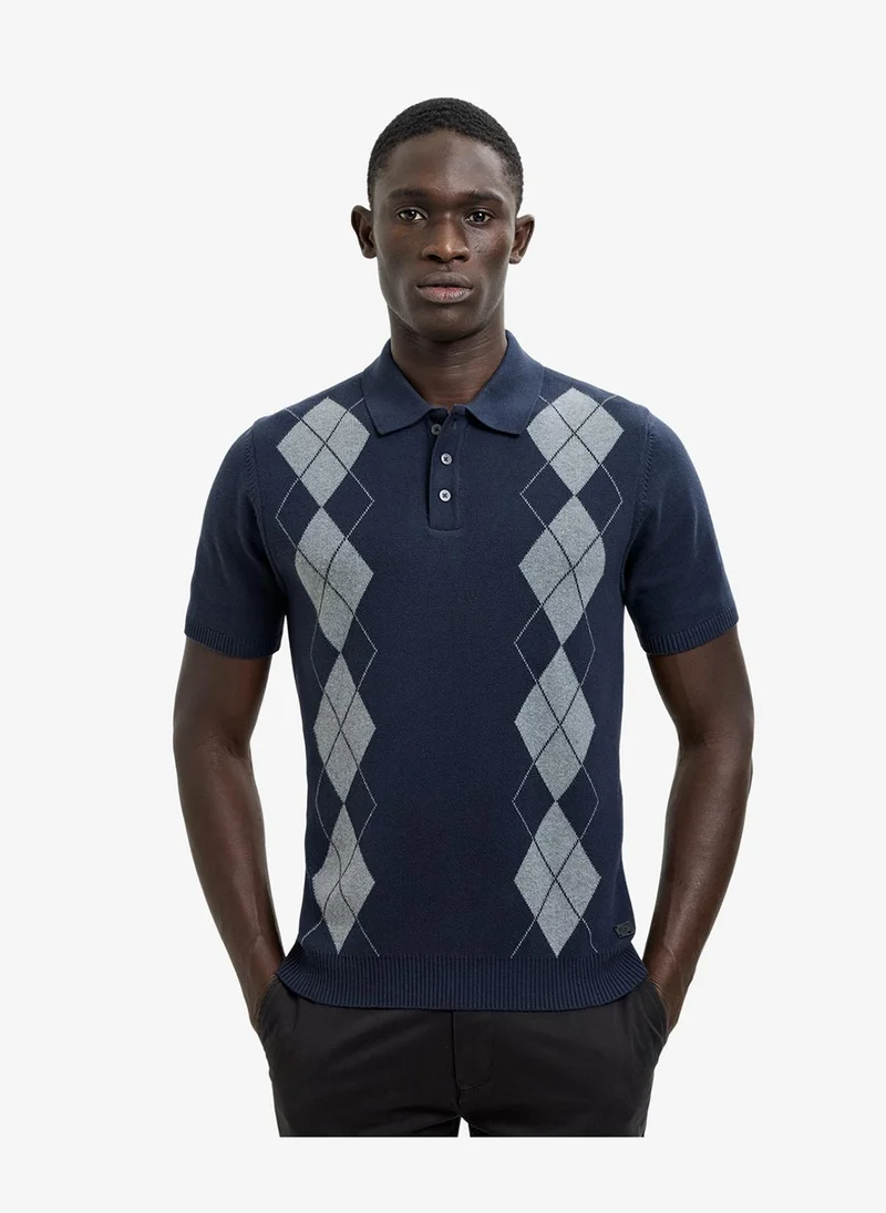 Men's Navy/Grey Ss Diamond Knited Polo T-Shirt