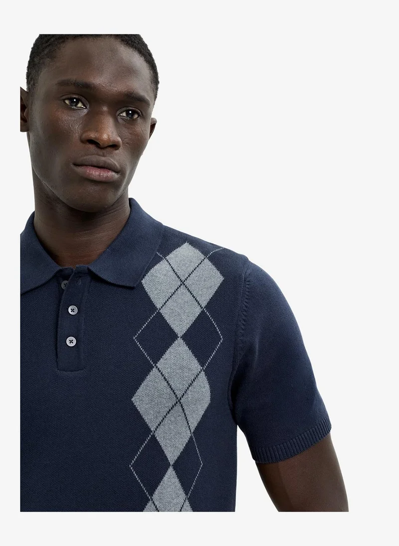 فرنش كونكشن Men's Navy/Grey Ss Diamond Knited Polo T-Shirt