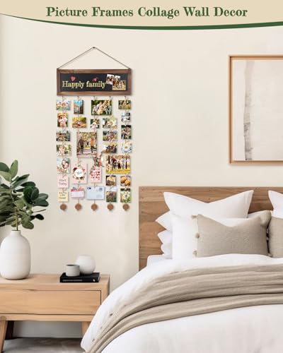 Bikoney Picture Frames Collage Photo Hanging Display Picture Board Wood Rustic Frames for Wall Decor and Dorm Room Decor with Blackboard and 30 Clips Carbonized Black - Image 2