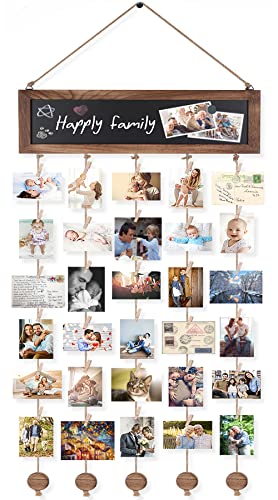 Bikoney Picture Frames Collage Photo Hanging Display Picture Board Wood Rustic Frames for Wall Decor and Dorm Room Decor with Blackboard and 30 Clips Carbonized Black - Image 1