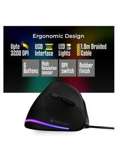 ZEBRONICS Cozy 6 Button Vertical Gaming Mouse with 3200 DPI max, 1.8m Braided Cable, Led Lights, high Resolution Sensor, Rubber Finish, Ergonomic Design and Plug Play Usage  - Image 3