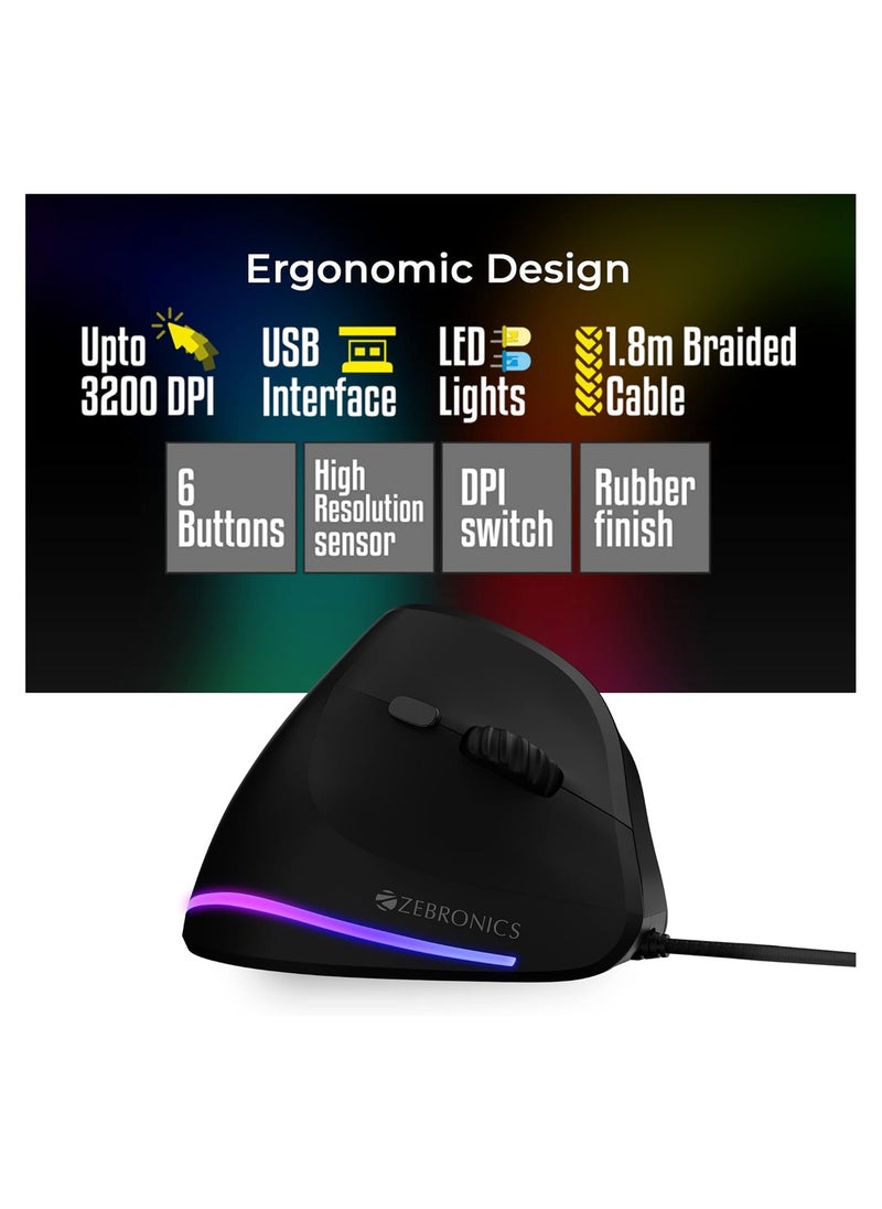 ZEBRONICS - Cozy 6 Button Vertical Gaming Mouse with 3200 DPI max, 1.8m Braided Cable, Led Lights, high Resolution Sensor, Rubber Finish, Ergonomic Design and Plug Play Usage - Image 1