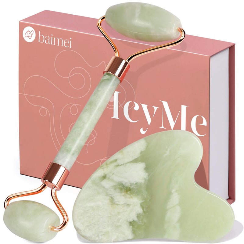 BAIMEI IcyMe Jade Roller & Gua Sha Set Face Roller and Gua Sha Facial Tools for Skin Care Routine and Puffiness, Self Care Gift for Men Women - Light Green - Image 1