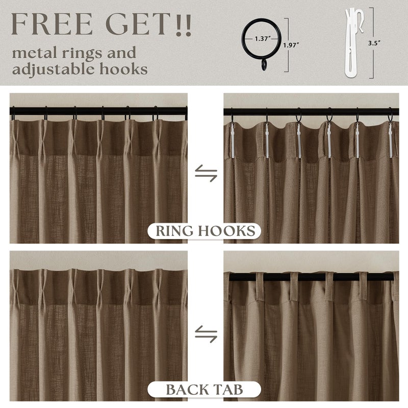 TWODRAPES Dutch Cocoa 90 Inch Linen Curtains Pinch Pleated Living Room Bedroom Dining Boho Brown Light Filtering Pinch Pleat Drapes Hooks Rings Back Tab Semi Sheer Dark Brown Window Curtains 2 Panels - Image 5