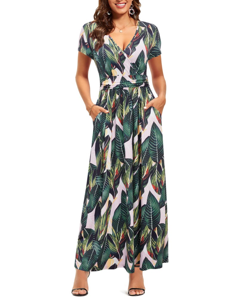 OUGES Women's V-Neck Pattern Pocket Maxi Long Dress(Floral-29,M) - Image 1