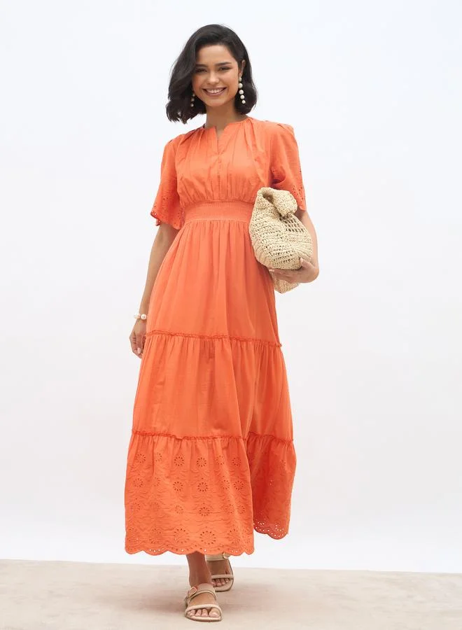 ستايلي Styli Schiffli Trim Smocked Detail Tiered Maxi Dress