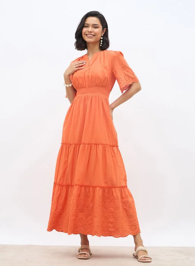ستايلي Styli Schiffli Trim Smocked Detail Tiered Maxi Dress