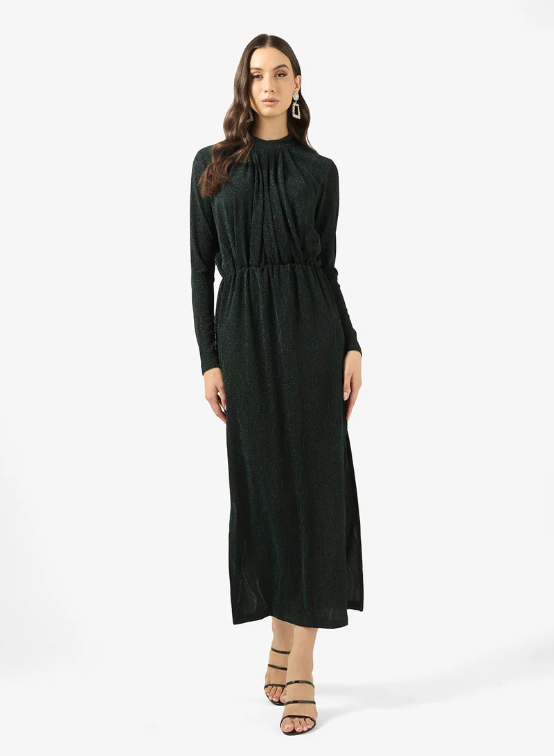 Elastic waist Long Sleeve High Neck Maxi Dress
