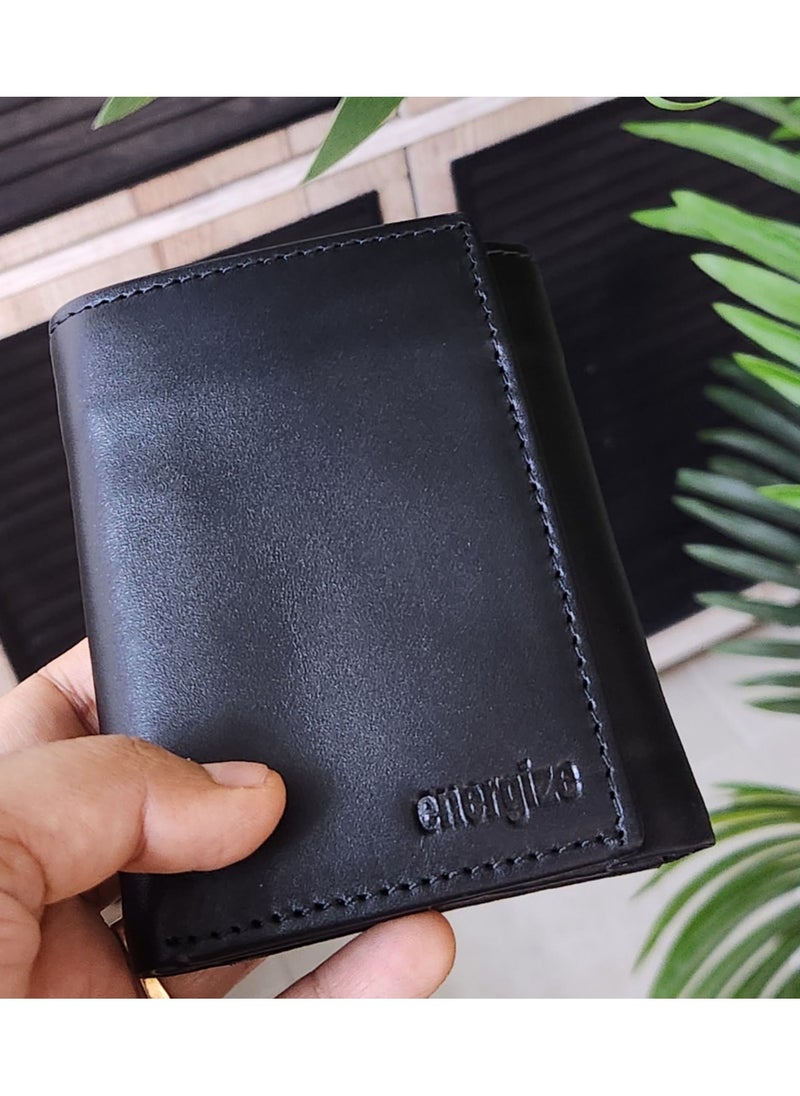 Energize - Tri-Fold Genuine Leather Wallet for Men, Premium Leather Tri-Fold Genuine Leather Wallet for Men, Premium Leather Material with Versatile Compartment, Ideal for Traveling & Daily Use, Perfect Gift for Any Occasion- Black - Image 1